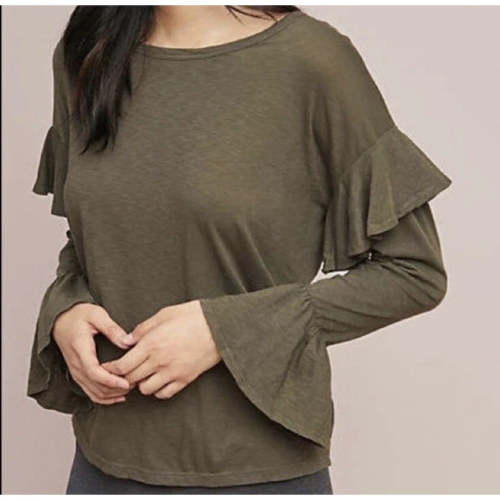SUNDRY Pima Cotton Ruffled Long-Sleeve Tee, Large